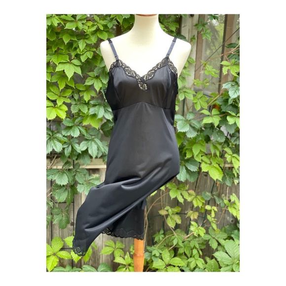 Vintage Undergarment Black Slip Dress Midi Lace Trim - Picture 3 of 8